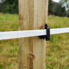 Electric Fence Tape 20mm in use with tape insulators on wooden post